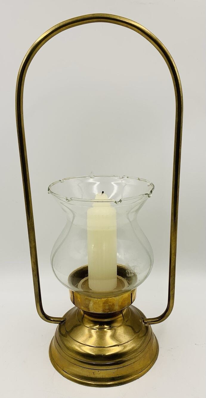 Solid Brass Hurricane Candle Holder Lantern w/ Glass Chimney Vintage
